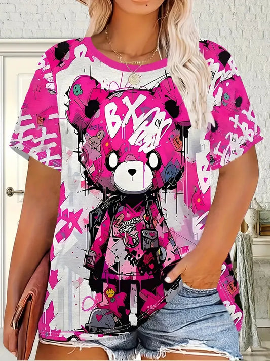 Plus Size - Women'S Plus Size Pink Cartoon Bear 3D Print T-Shirt